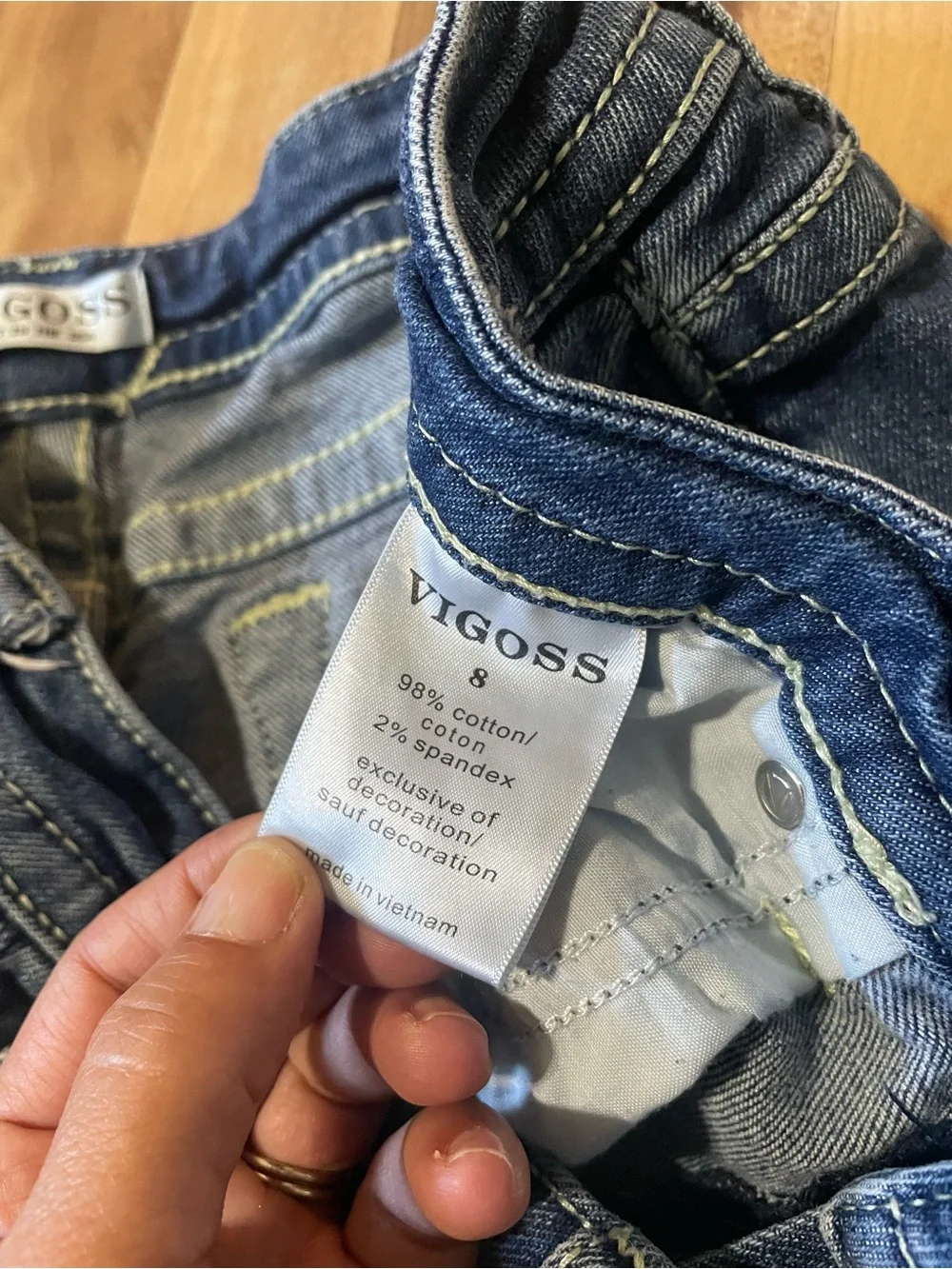 Vigoss Slim Bootcut Jeans Blue Distressed Whiskered Embroidered  V-Pocket Size 8